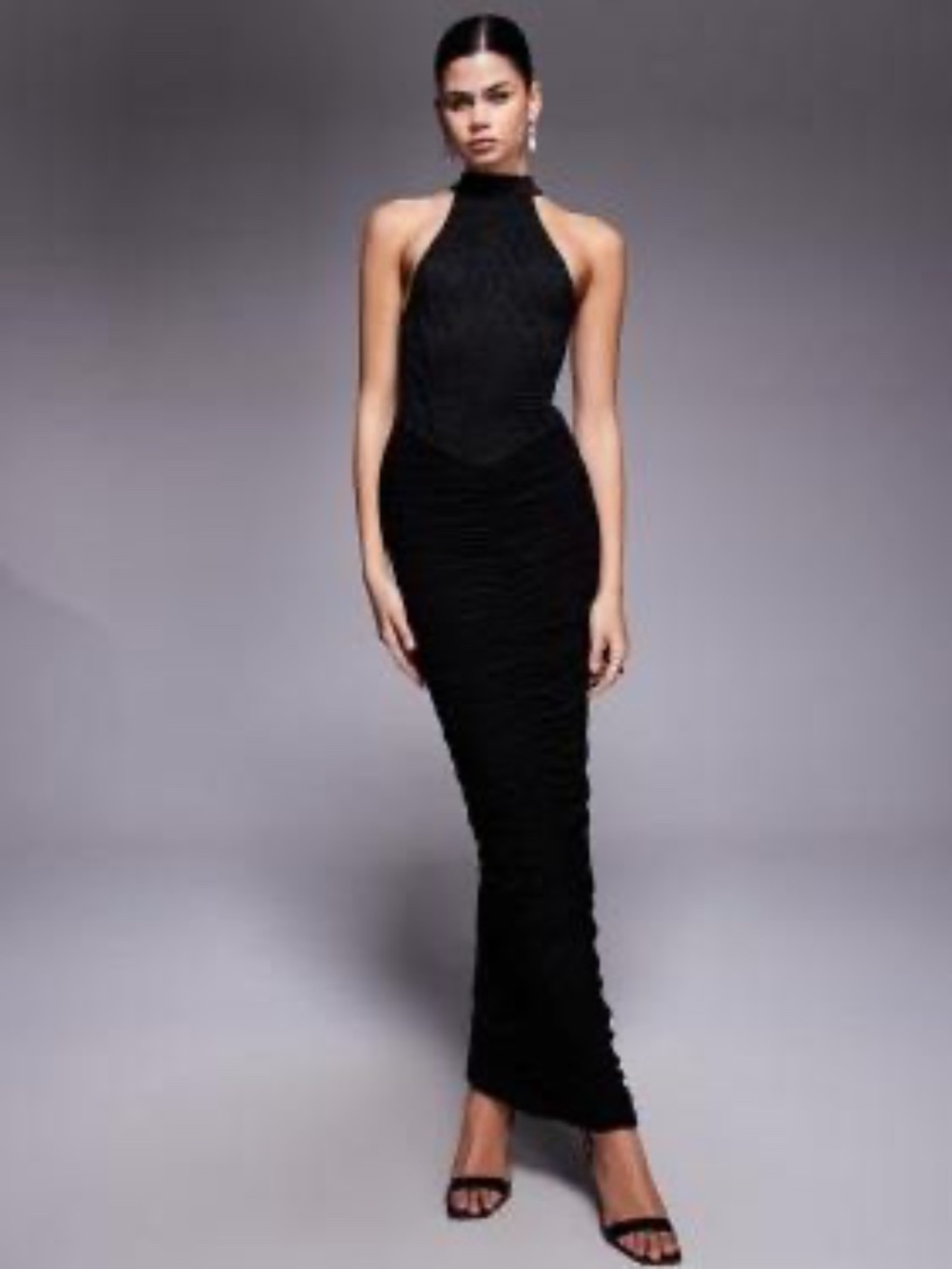 Kaiia Exclusive double layered slinky lace high neck ruched maxi dress in black